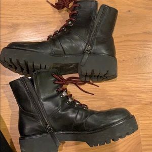 Zara red lace, side zip blk leather boots, lk new